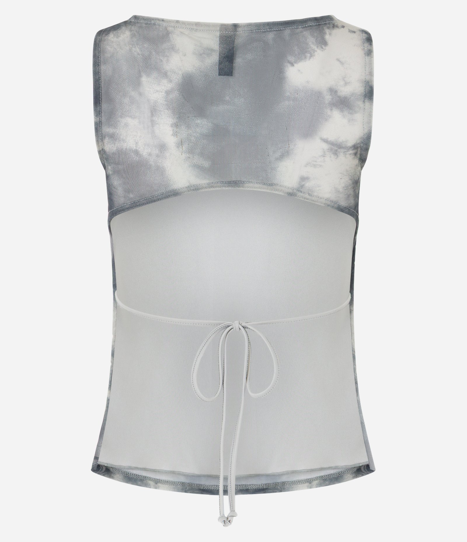 Blusa em Tule com Costas Abertas e Estampa Manchada Cinza 8