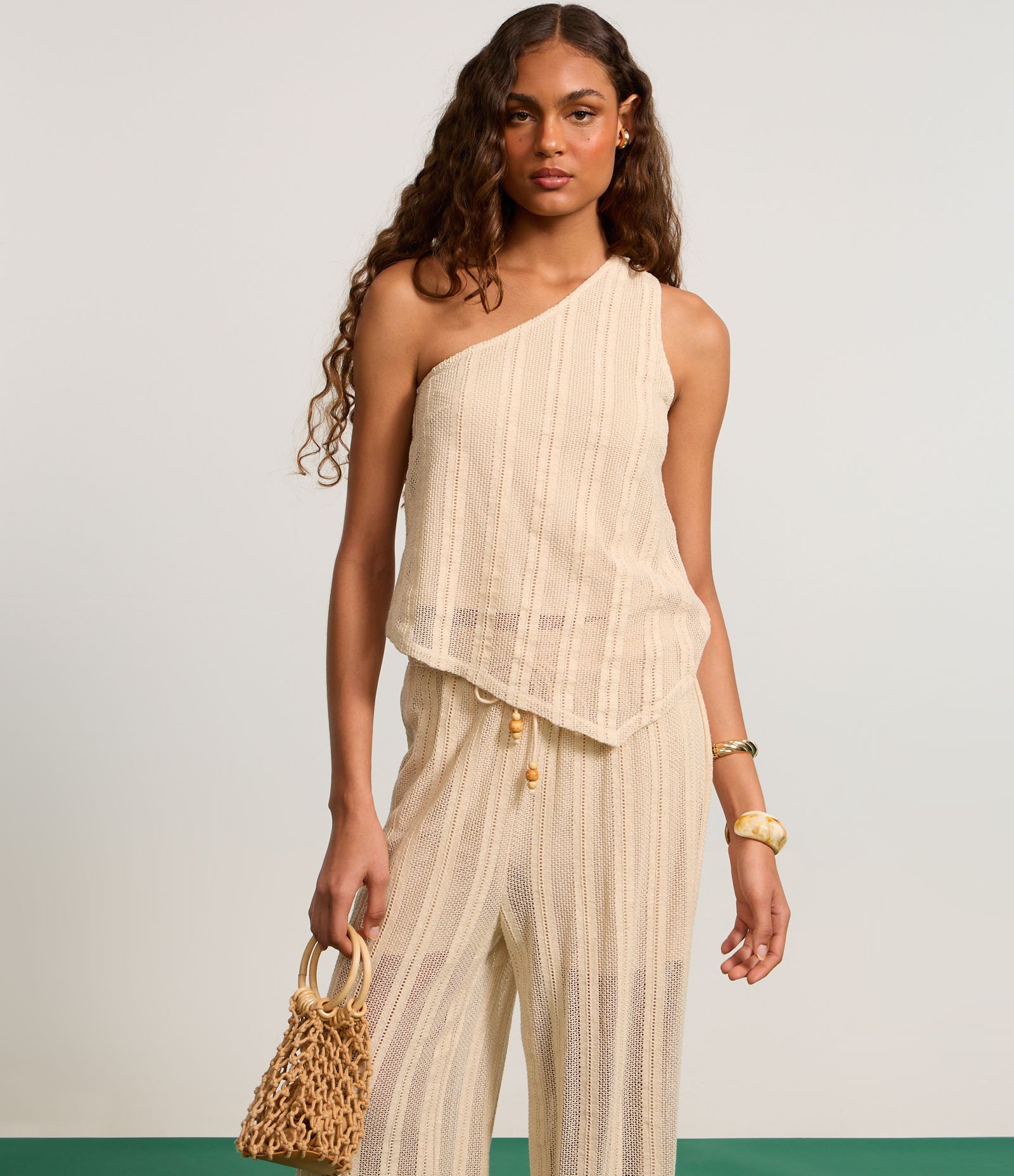 Calça Reta em Algodão com Amarração no Cós Elástico Bege 5