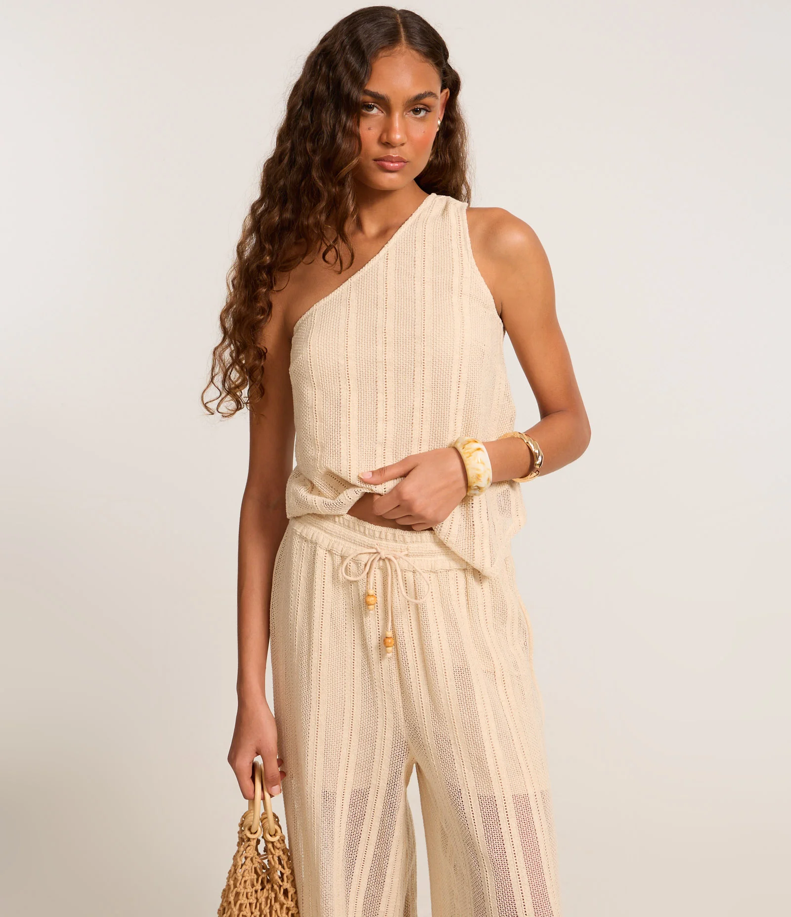 Calça Reta em Algodão com Amarração no Cós Elástico Bege 2