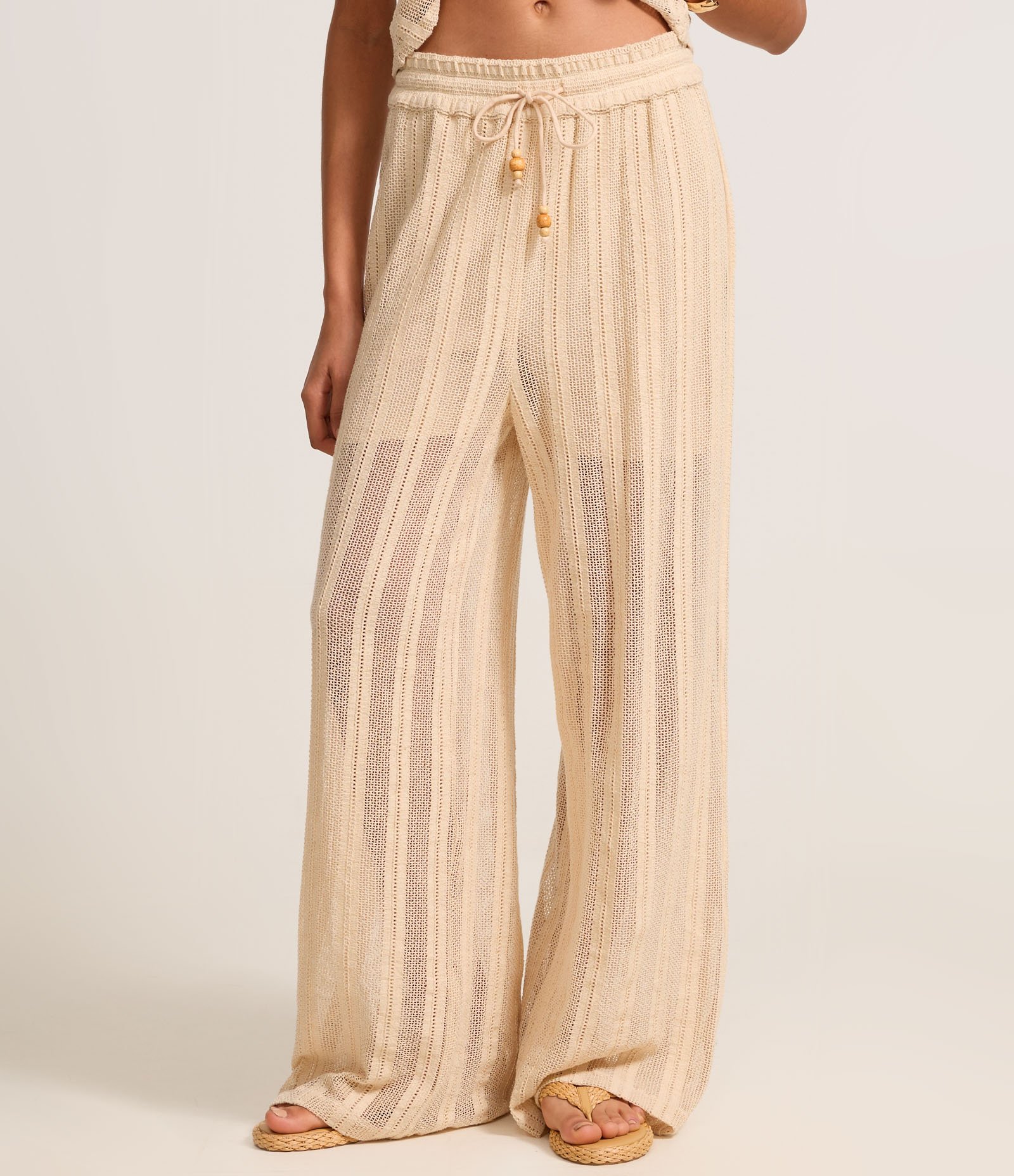 Calça Reta em Algodão com Amarração no Cós Elástico Bege 3