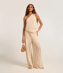 Calça Reta em Algodão com Amarração no Cós Elástico