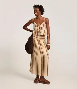 Saia Long Midi em Algodão com Listras e Cós Largo