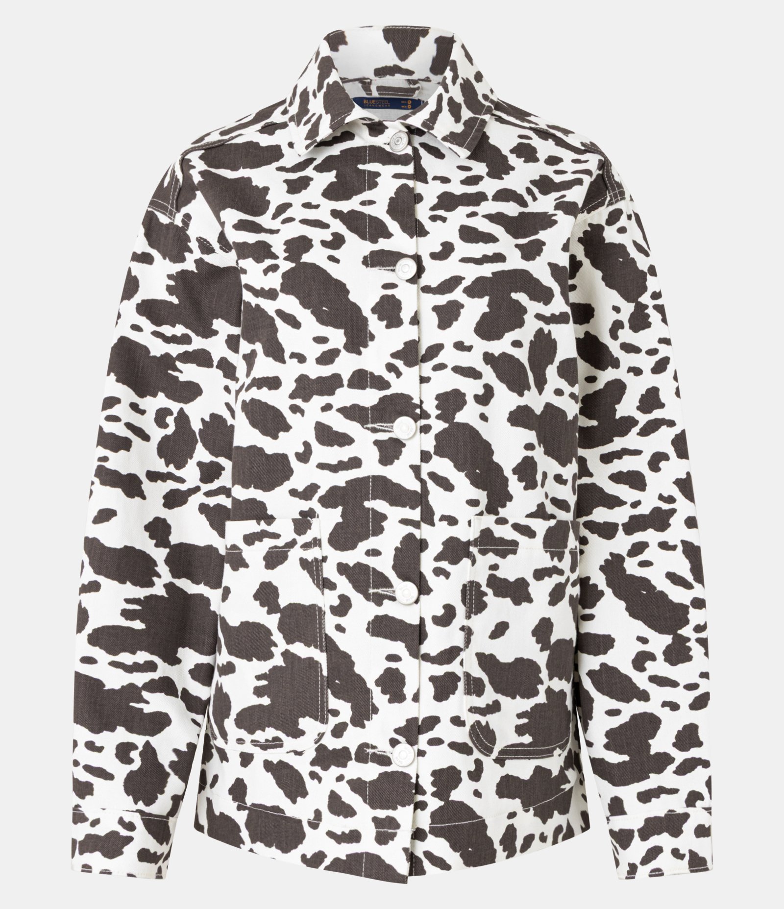 Camisa Jeans Animal Print Vaca com Abotoamento Frontal Branco 6