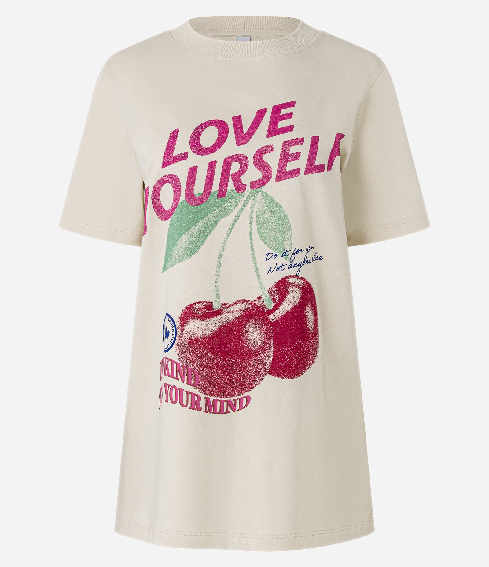 Camiseta Alongada em Algodão Estampa Cerejas Love Yourself Bege 4