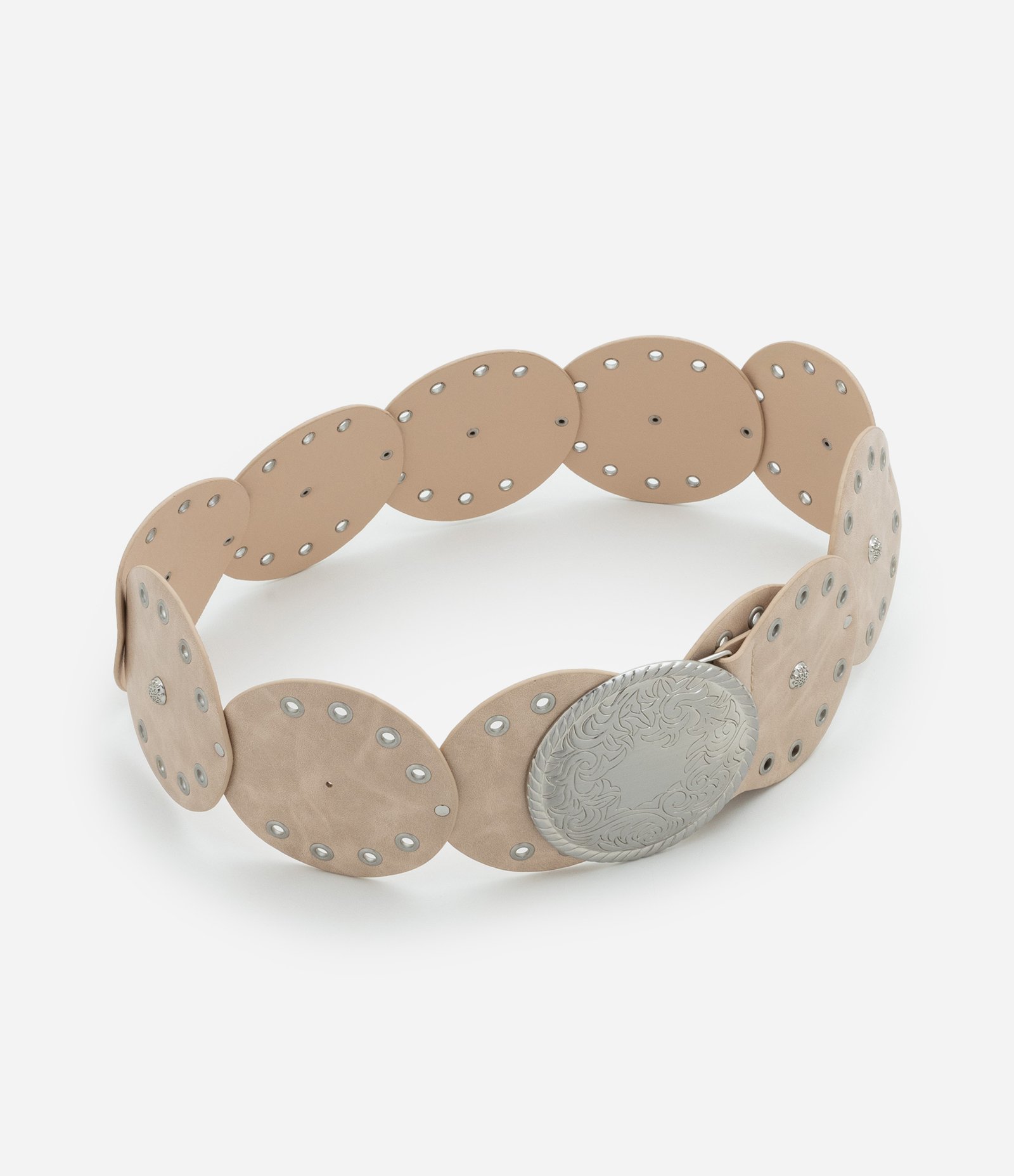 Cinto Largo de Discos e Tachas com Fivela de Níquel Escovado Bege 1