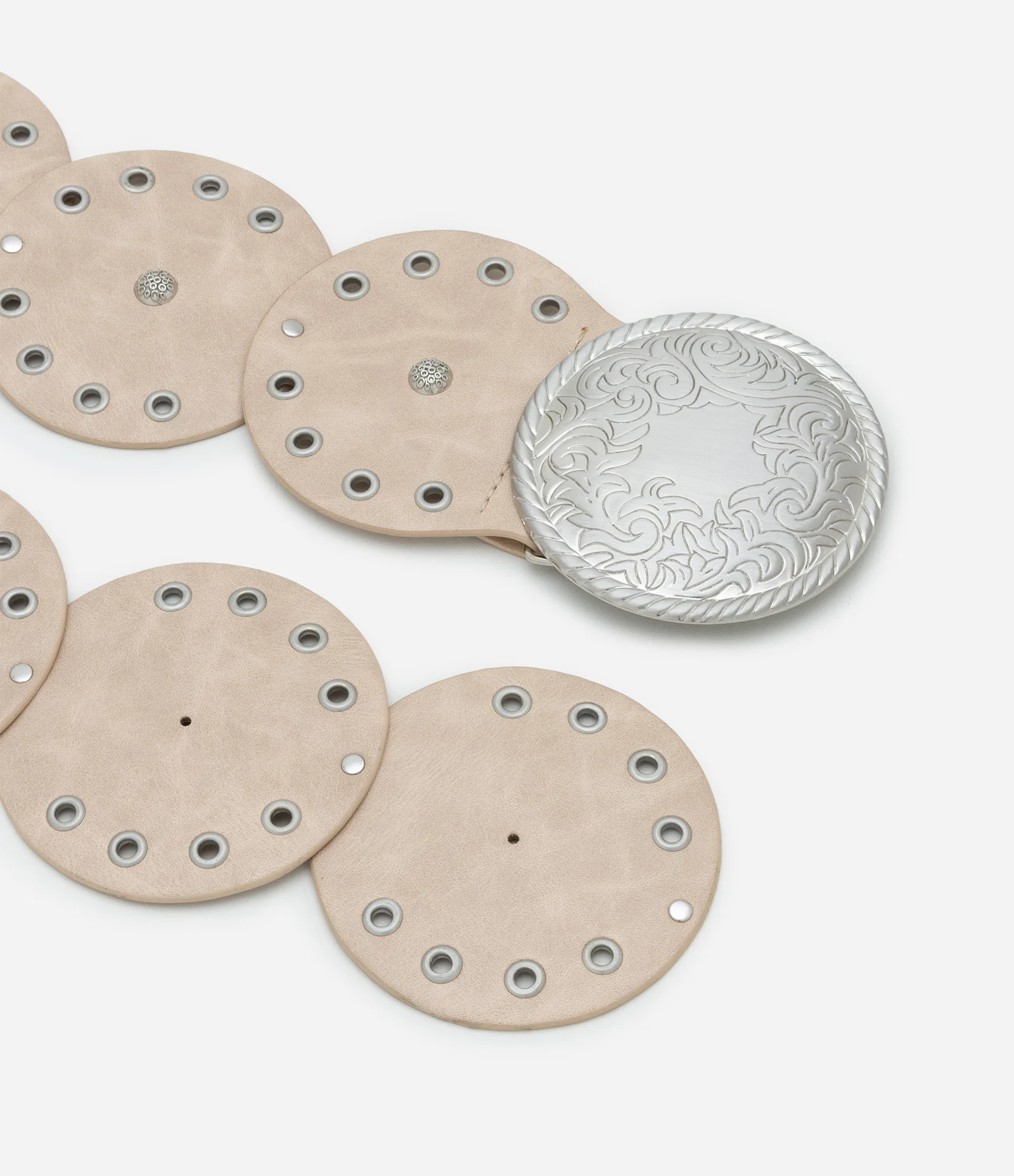 Cinto Largo de Discos e Tachas com Fivela de Níquel Escovado Bege 3