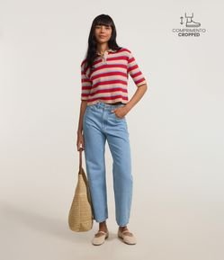 Calça Cropped Reta Jeans com Cintura Alta