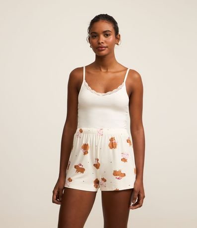 Pijama Short Doll Alcinha em Ribana com Estampa de Capivara Pijama Short Doll Alcinha em Ribana com Estampa de Capivara
