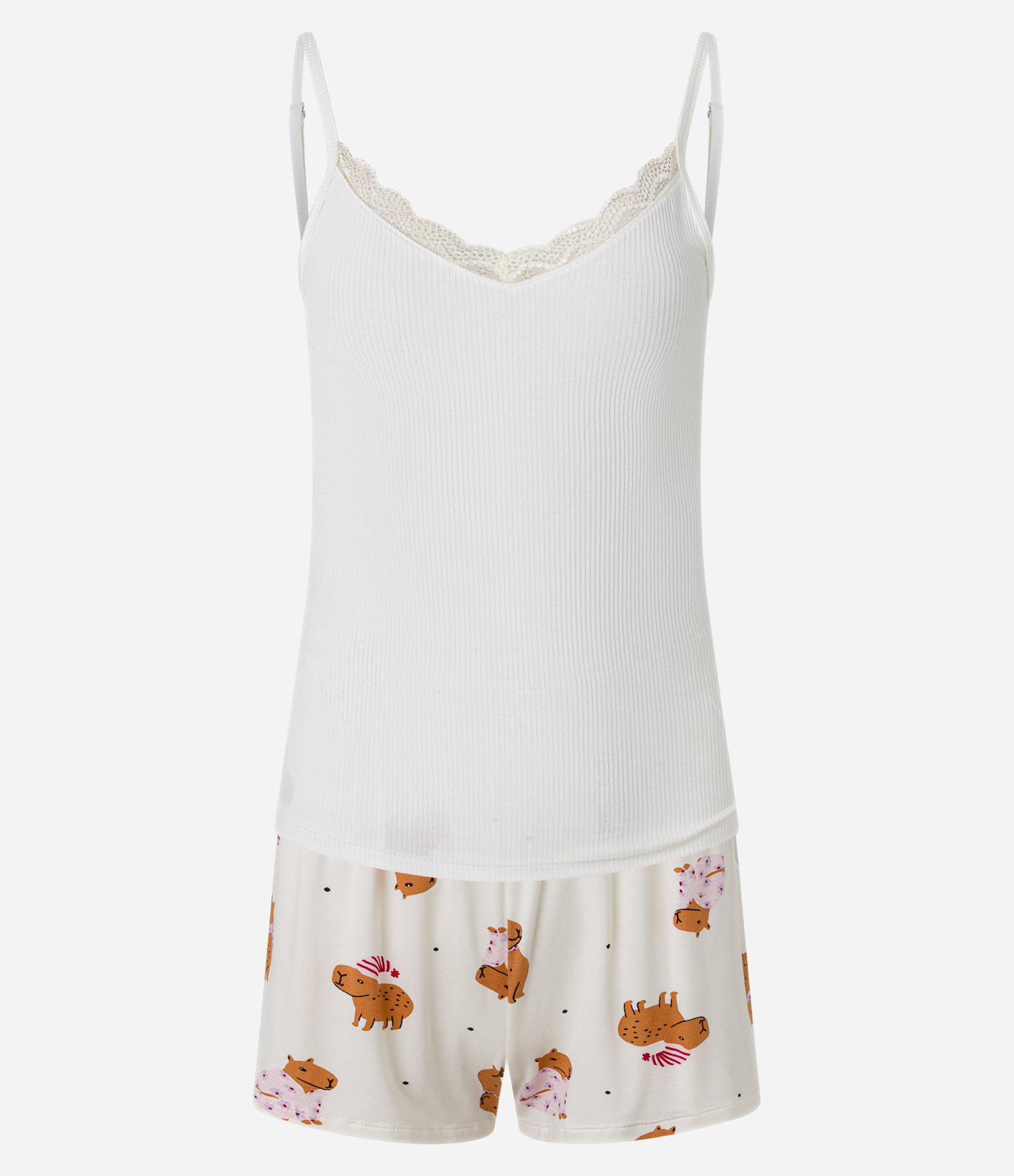 Pijama Short Doll Alcinha em Ribana com Estampa de Capivara Branco 4