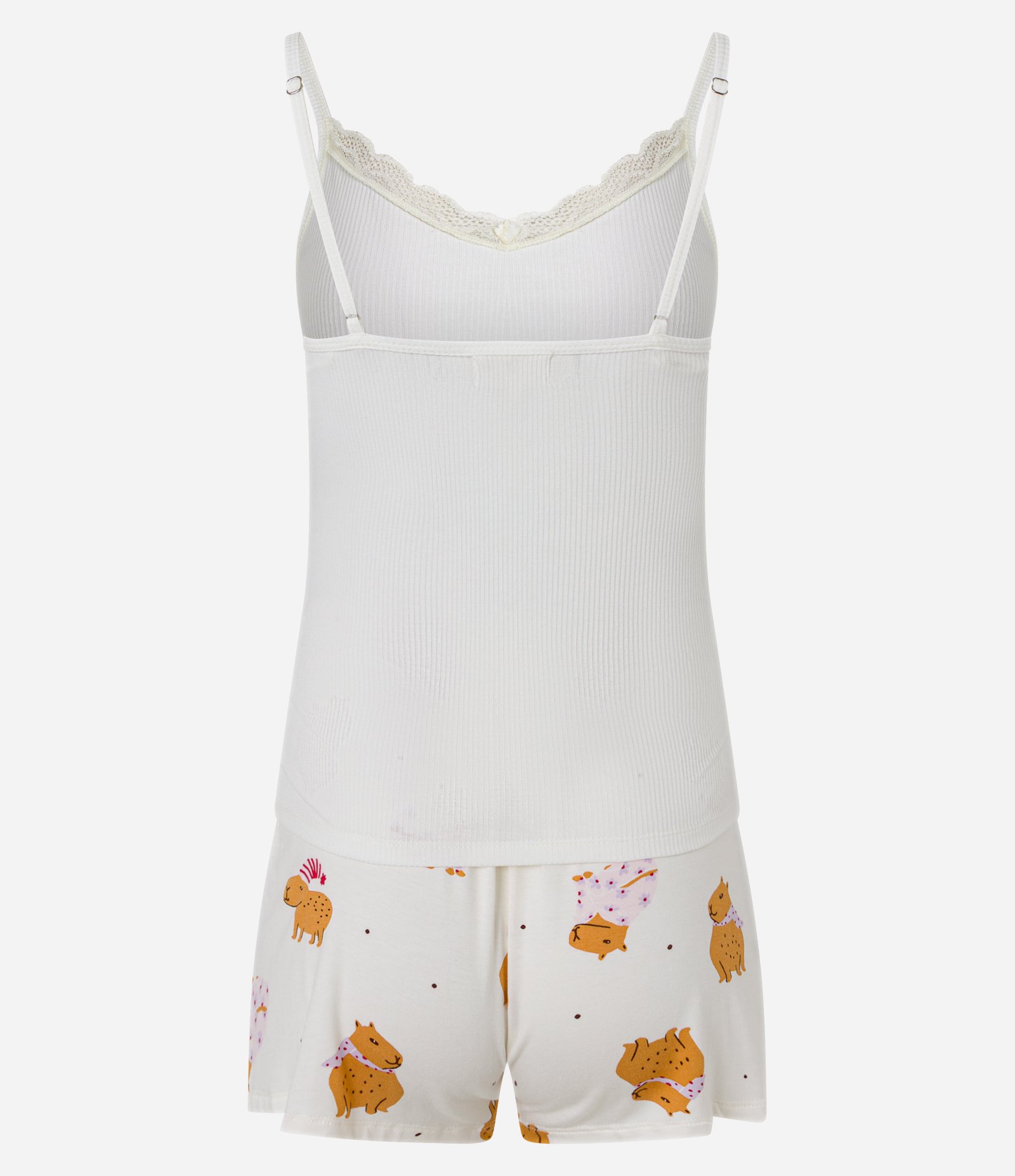 Pijama Short Doll Alcinha em Ribana com Estampa de Capivara Branco 6