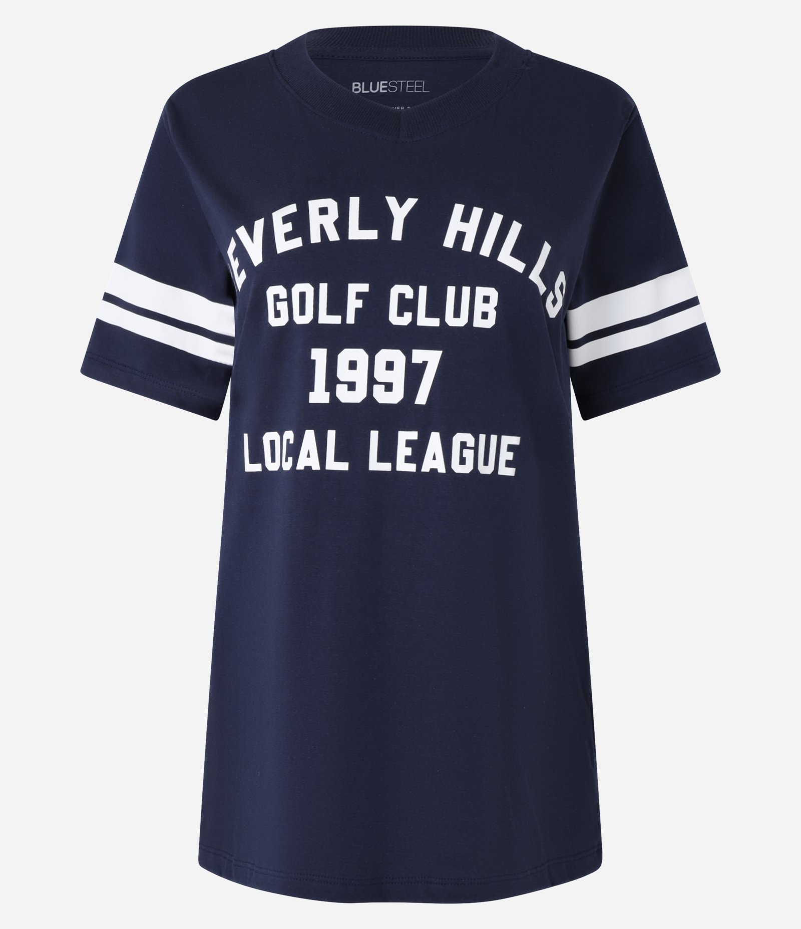 Camiseta T-shirt Colegial com Estampa Lettering e Listras na Manga Azul 4