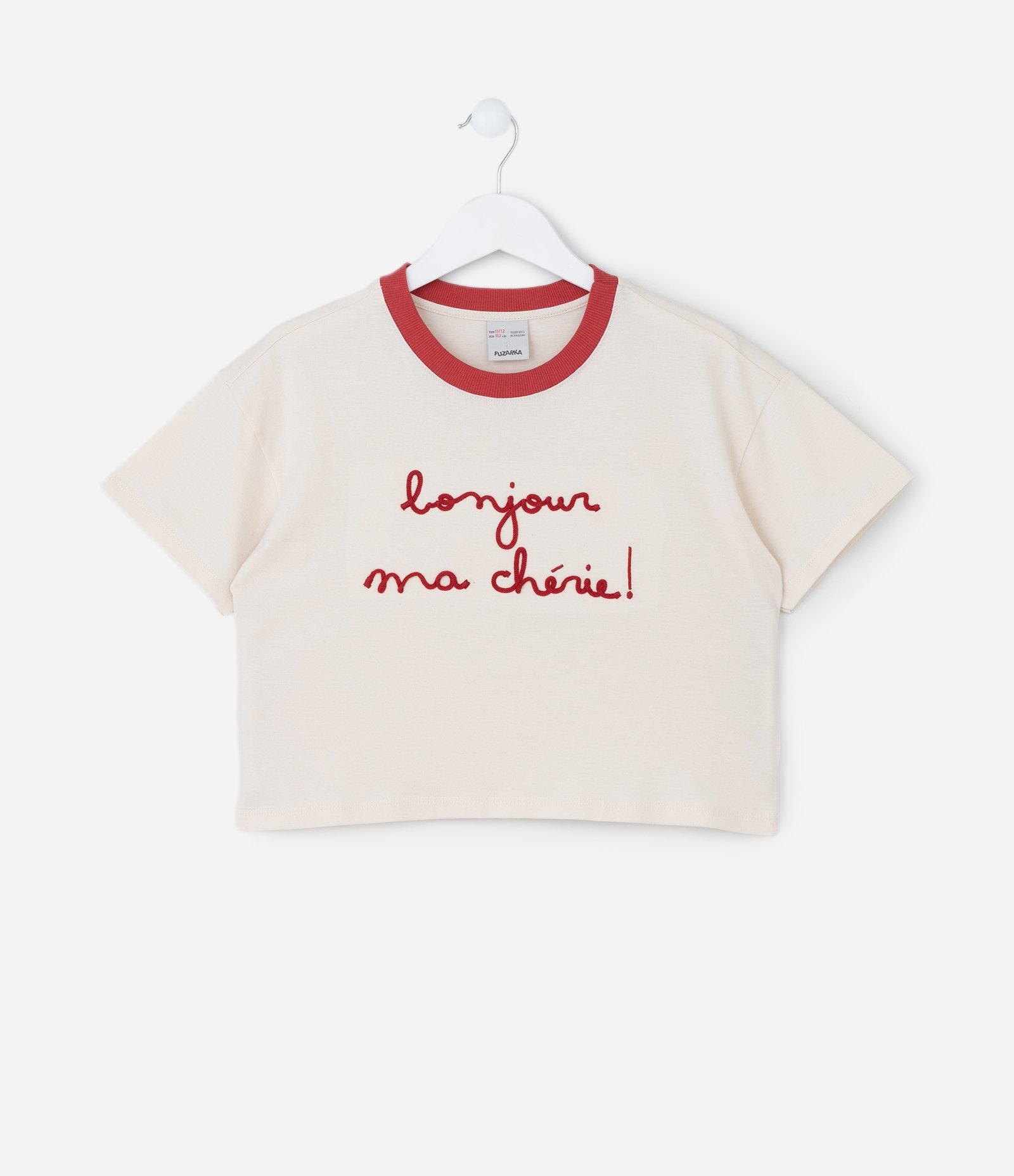 Camiseta Curta Infantil com Bordado Bonjour - Tam 5 a 14 Anos Bege 1