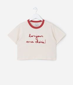 Camiseta Curta Infantil com Bordado Bonjour - Tam 5 a 14 Anos