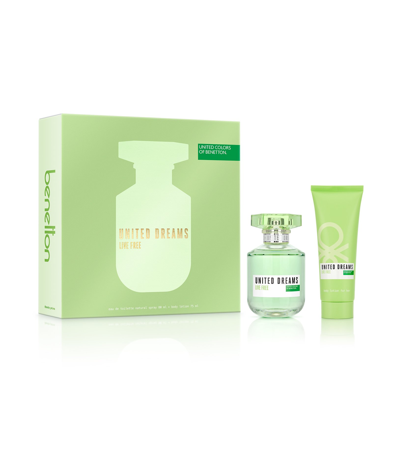 Coffret Benetton Perfume United Dreams Live Free Eau de Toilette Feminino 80ml + Creme Corporal Feminino 75ml KIT 1