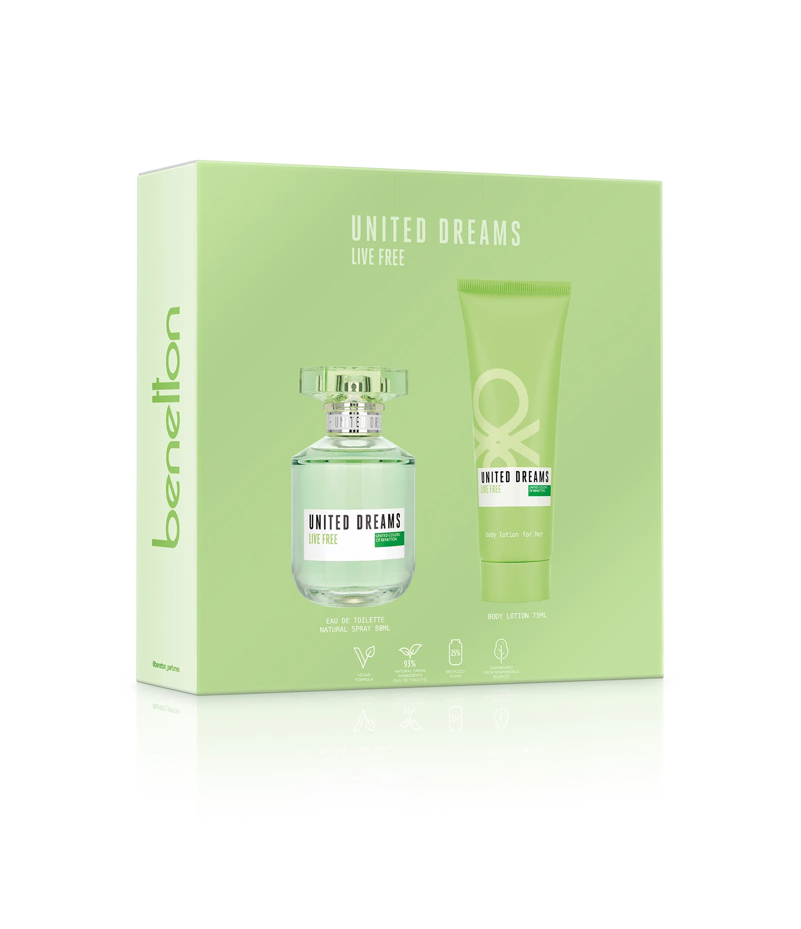 Coffret Benetton Perfume United Dreams Live Free Eau de Toilette Feminino 80ml + Creme Corporal Feminino 75ml KIT 2