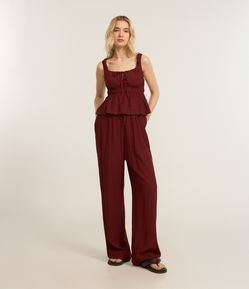 Calça Reta em Viscose Texturizada com Amarração na Cintura