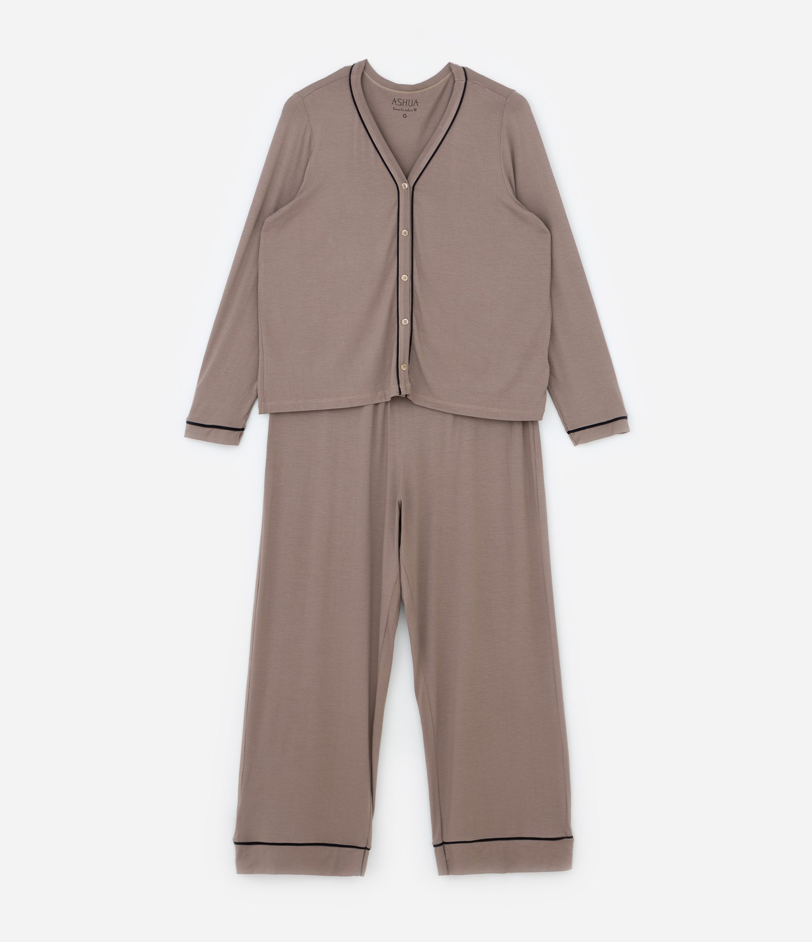 Pijama Longo Viscolycra Detalhes de Listras Curve & Plus Size Marrom 4