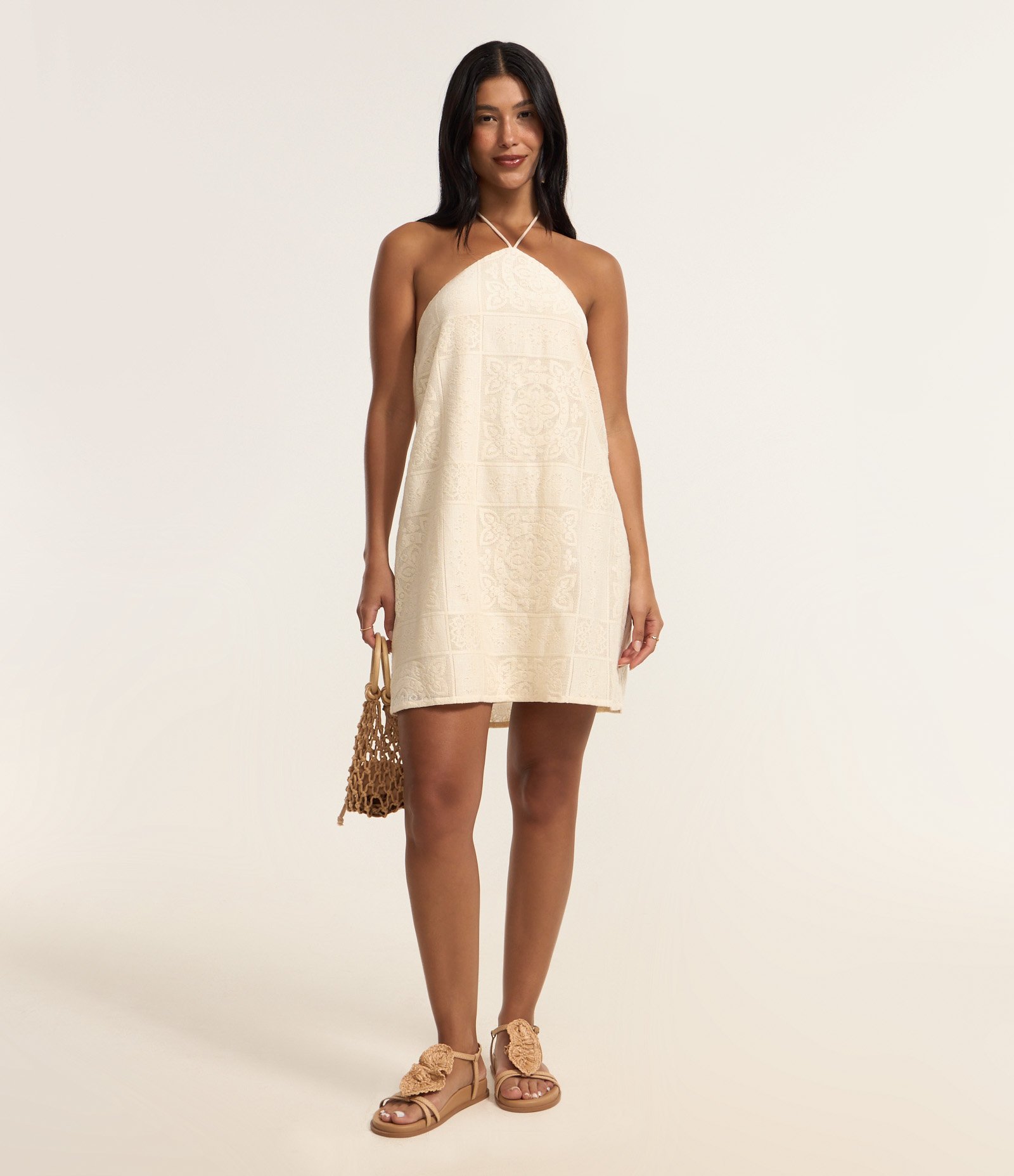 Vestido Frente Única com Amarração e Textura Floral Off White 2