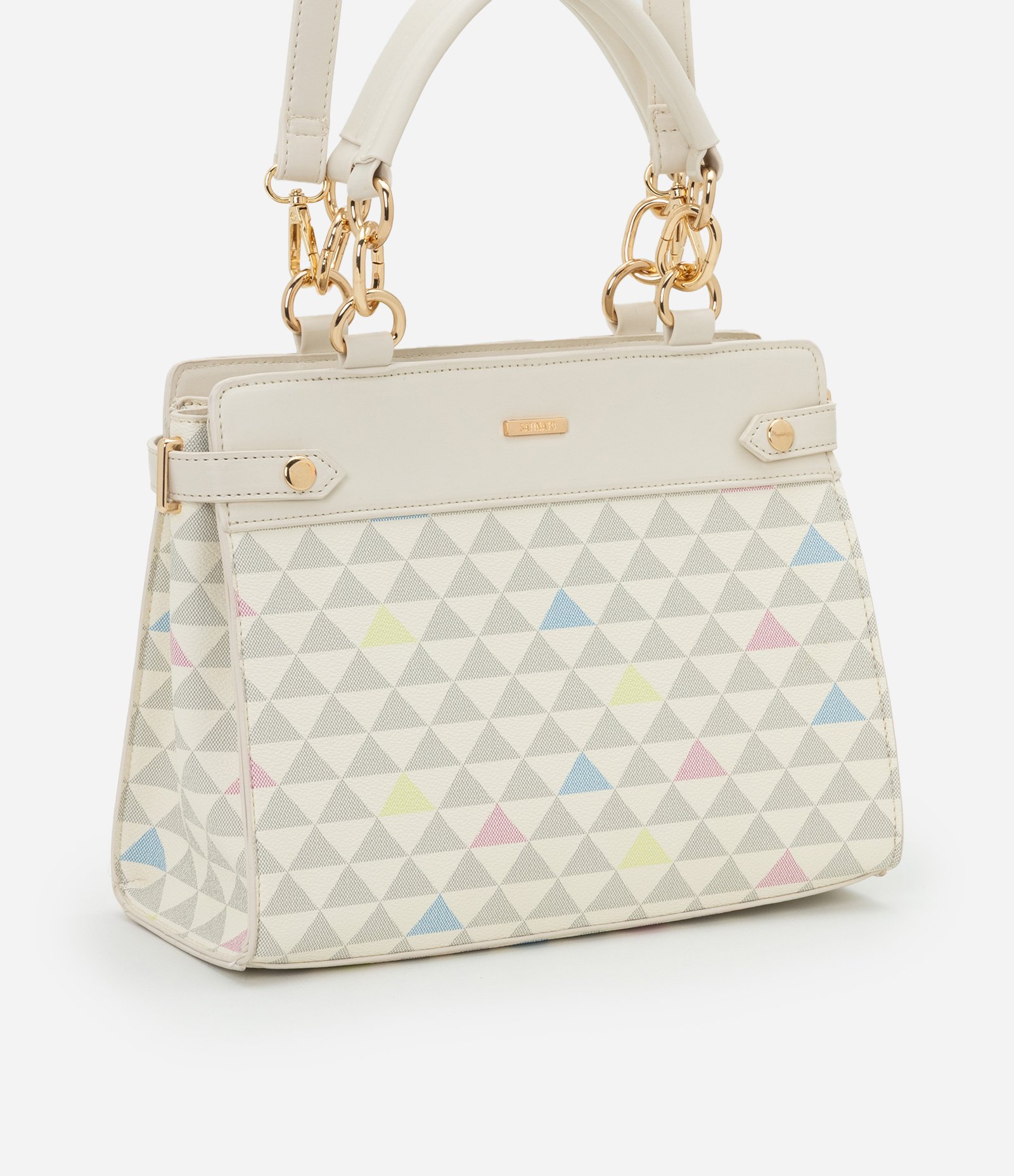 Bolsa Satchel Média com Estampa Triangular e Detalhes de Elos Off White 1