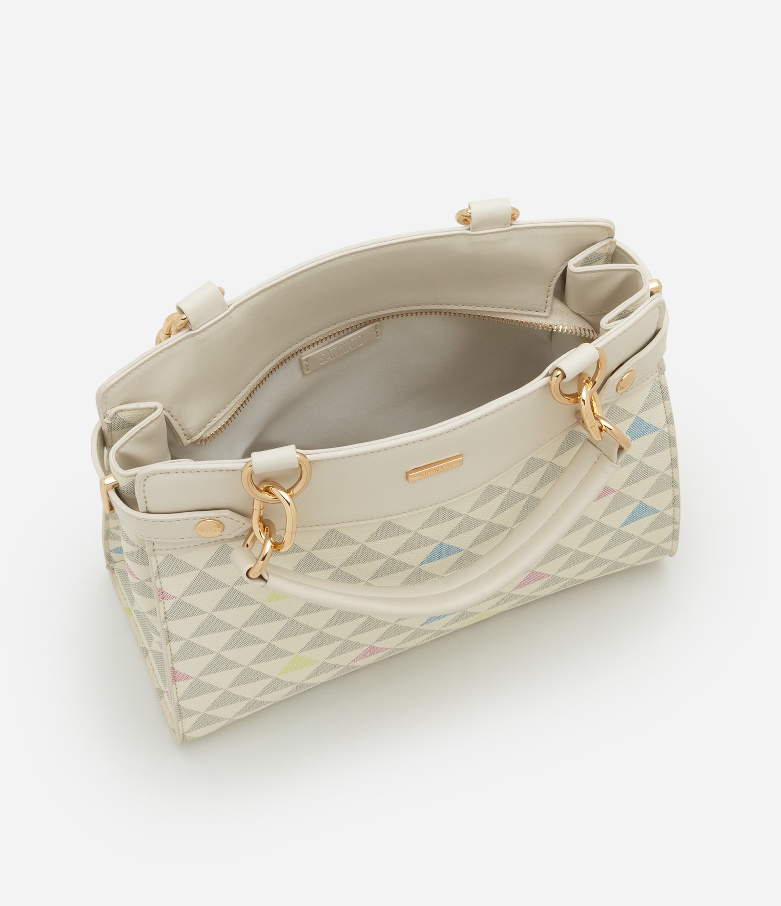 Bolsa Satchel Média com Estampa Triangular e Detalhes de Elos Off White 5