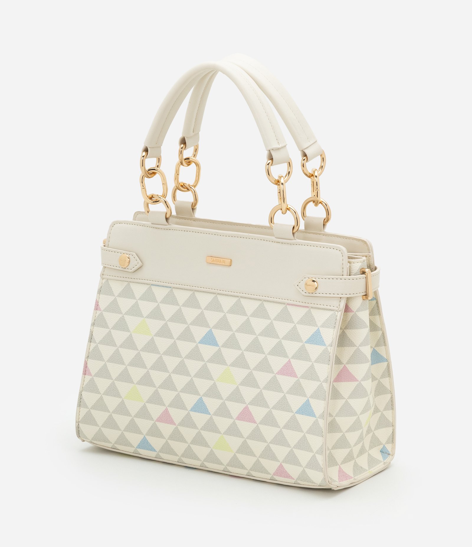 Bolsa Satchel Média com Estampa Triangular e Detalhes de Elos Off White 6