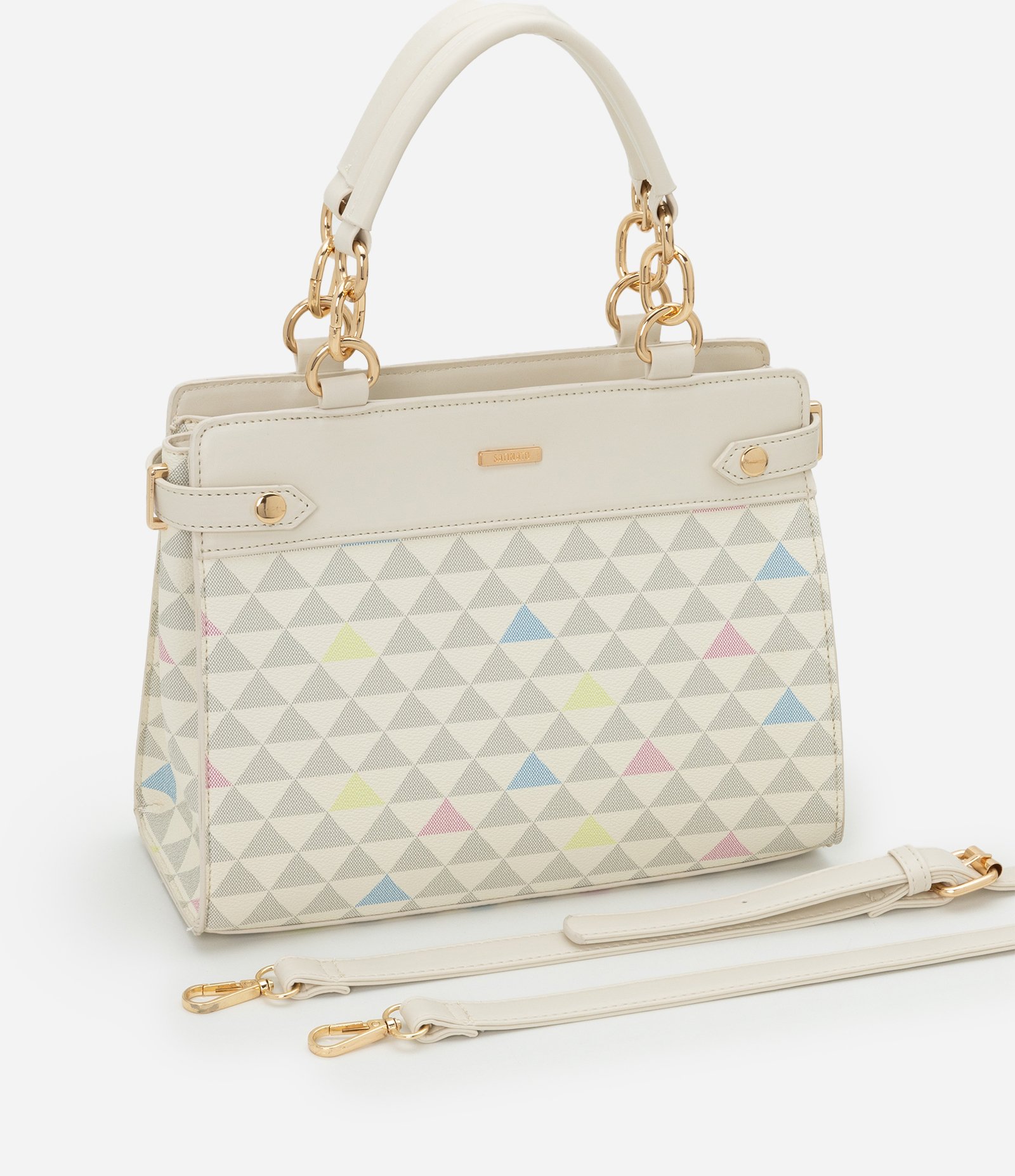 Bolsa Satchel Média com Estampa Triangular e Detalhes de Elos Off White 7