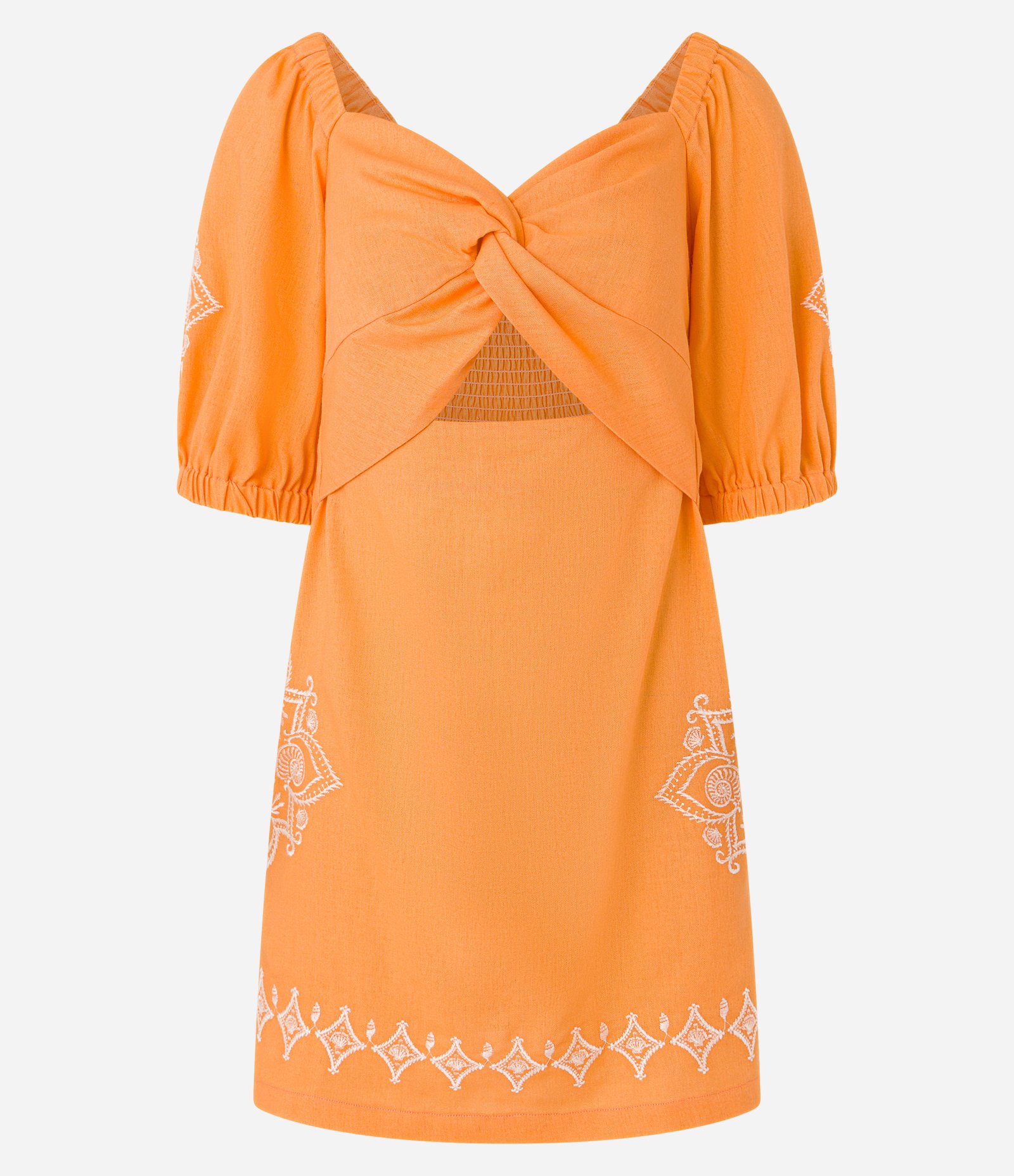 Vestido Curto em Viscolinho com Busto Torcido e Bordo Floral Laranja 6