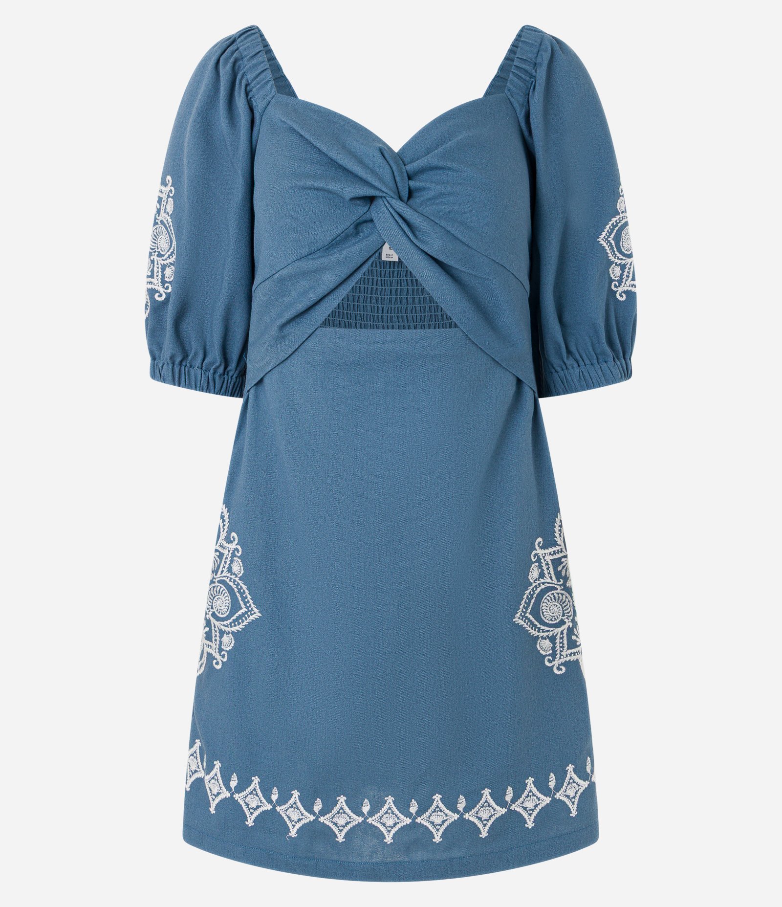 Vestido Curto em Viscolinho com Busto Torcido e Bordo Floral Azul 6