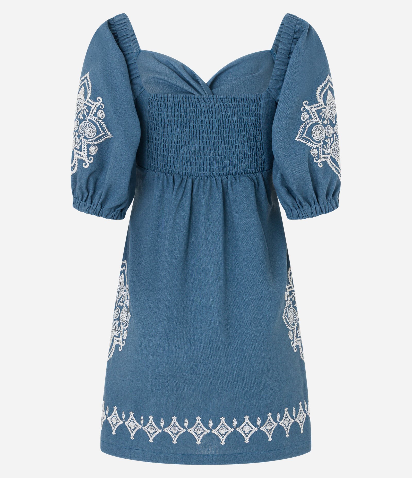 Vestido Curto em Viscolinho com Busto Torcido e Bordo Floral Azul 8