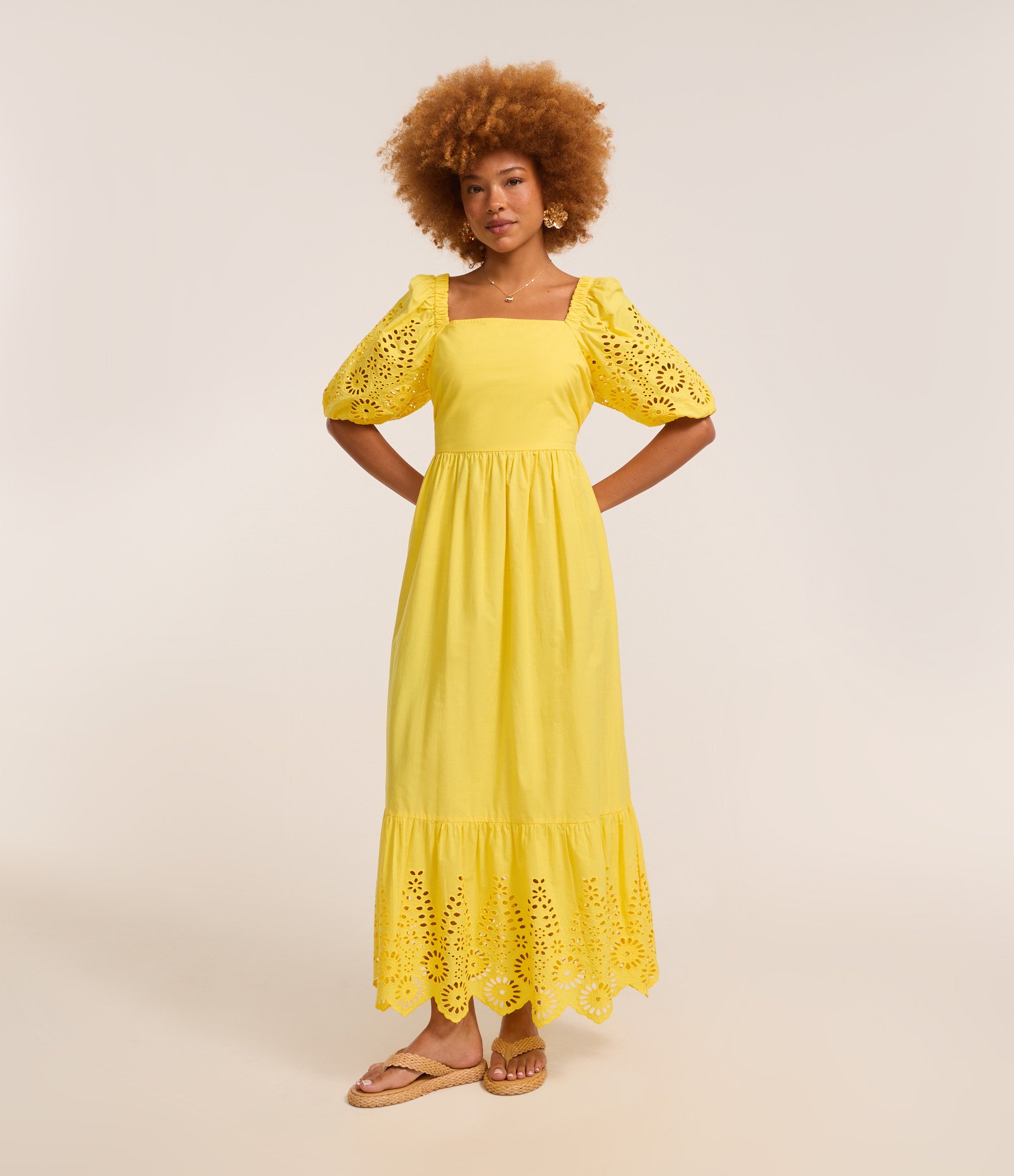 Vestido Long Midi em Laise em Manga Bufante Amarelo 1