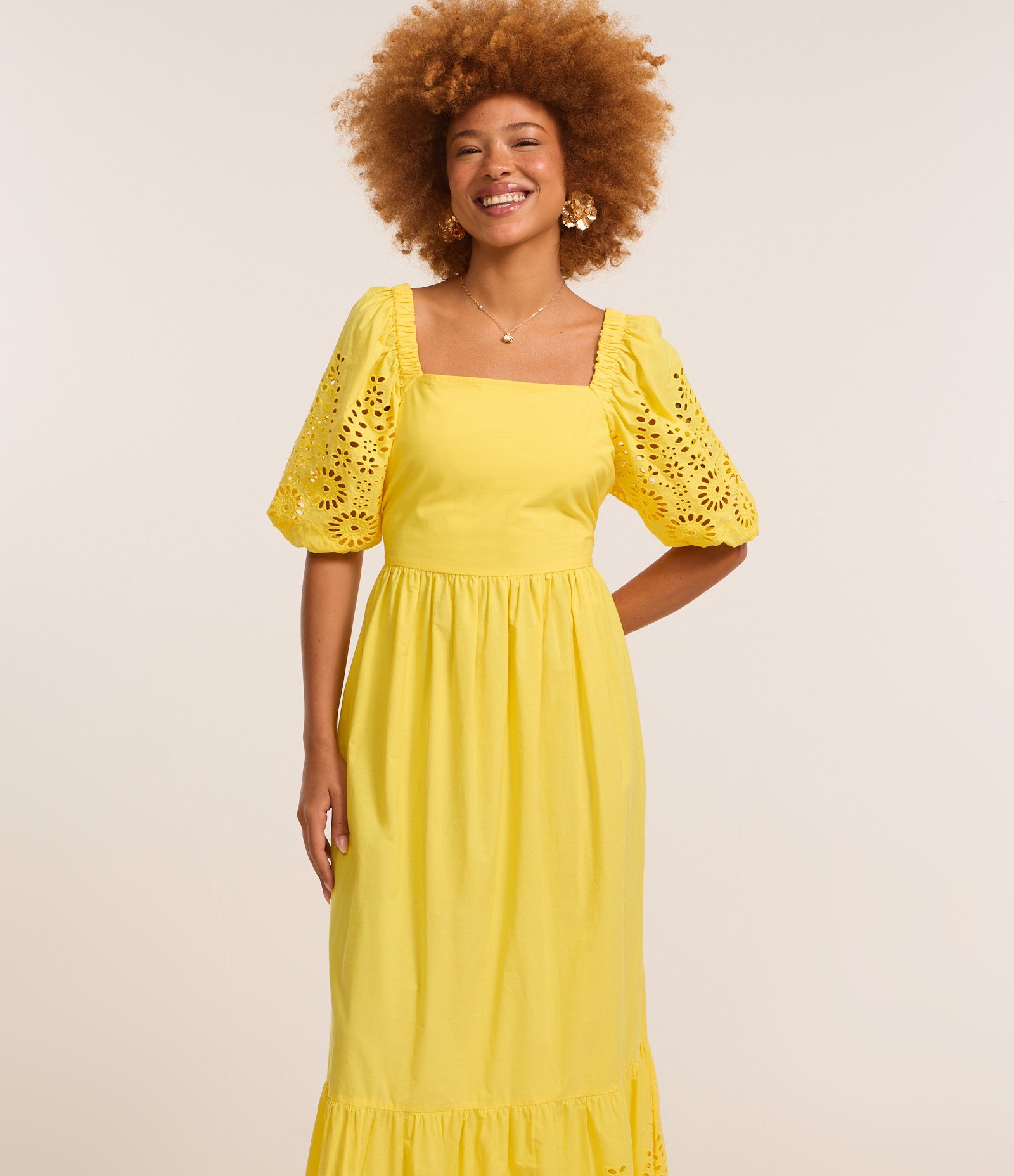 Vestido Long Midi em Laise em Manga Bufante Amarelo 2