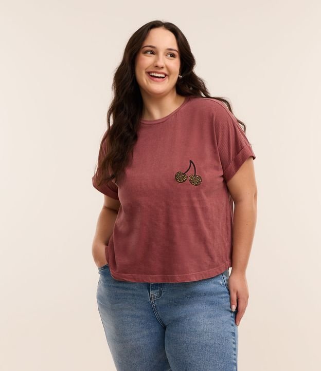 Blusa Fio Tinto e Cereja com Manga Dobrada Curve & Plus Size