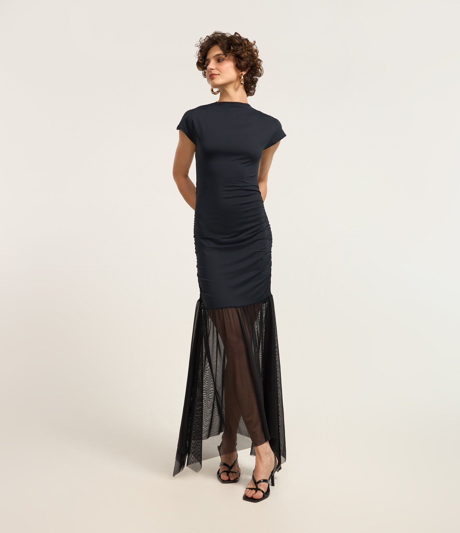 Vestido Reto Longo em Helanca com Barra Transparente Preto 1