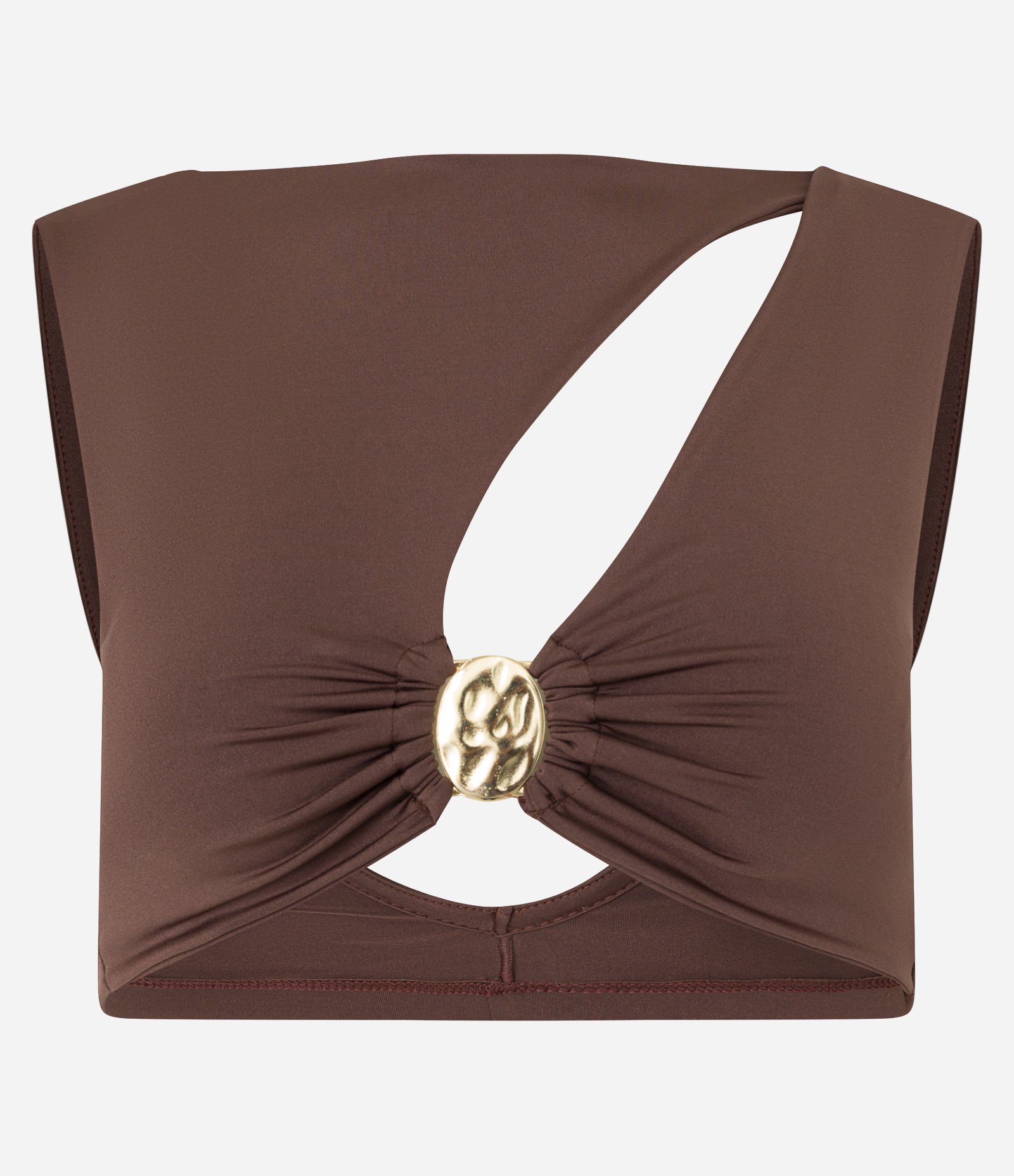 Blusa Cropped com Recorte Vazado e Aviamento Frontal Marrom 5