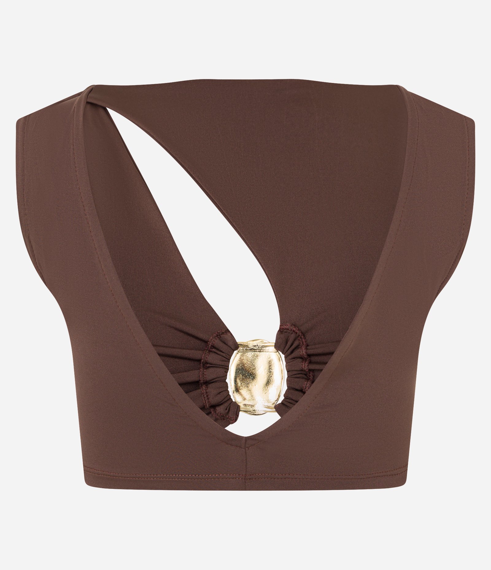 Blusa Cropped com Recorte Vazado e Aviamento Frontal Marrom 6