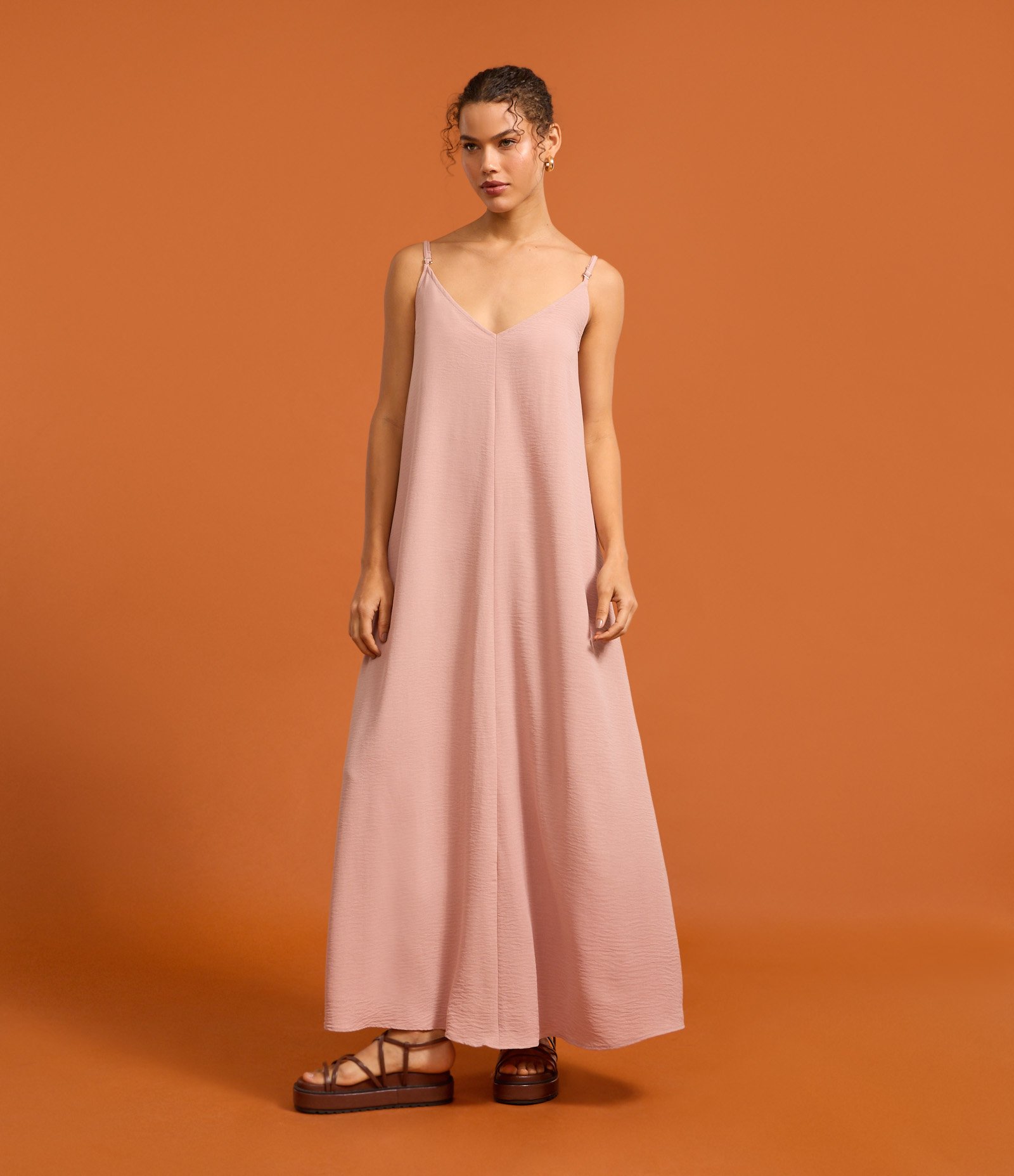 Vestido Long Midi em Crepe com Alcinhas Rosa 4
