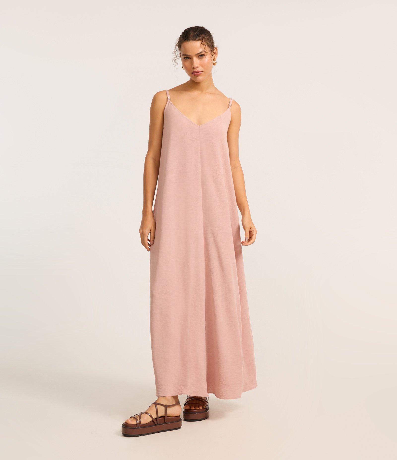 Vestido Long Midi em Crepe com Alcinhas Rosa 1