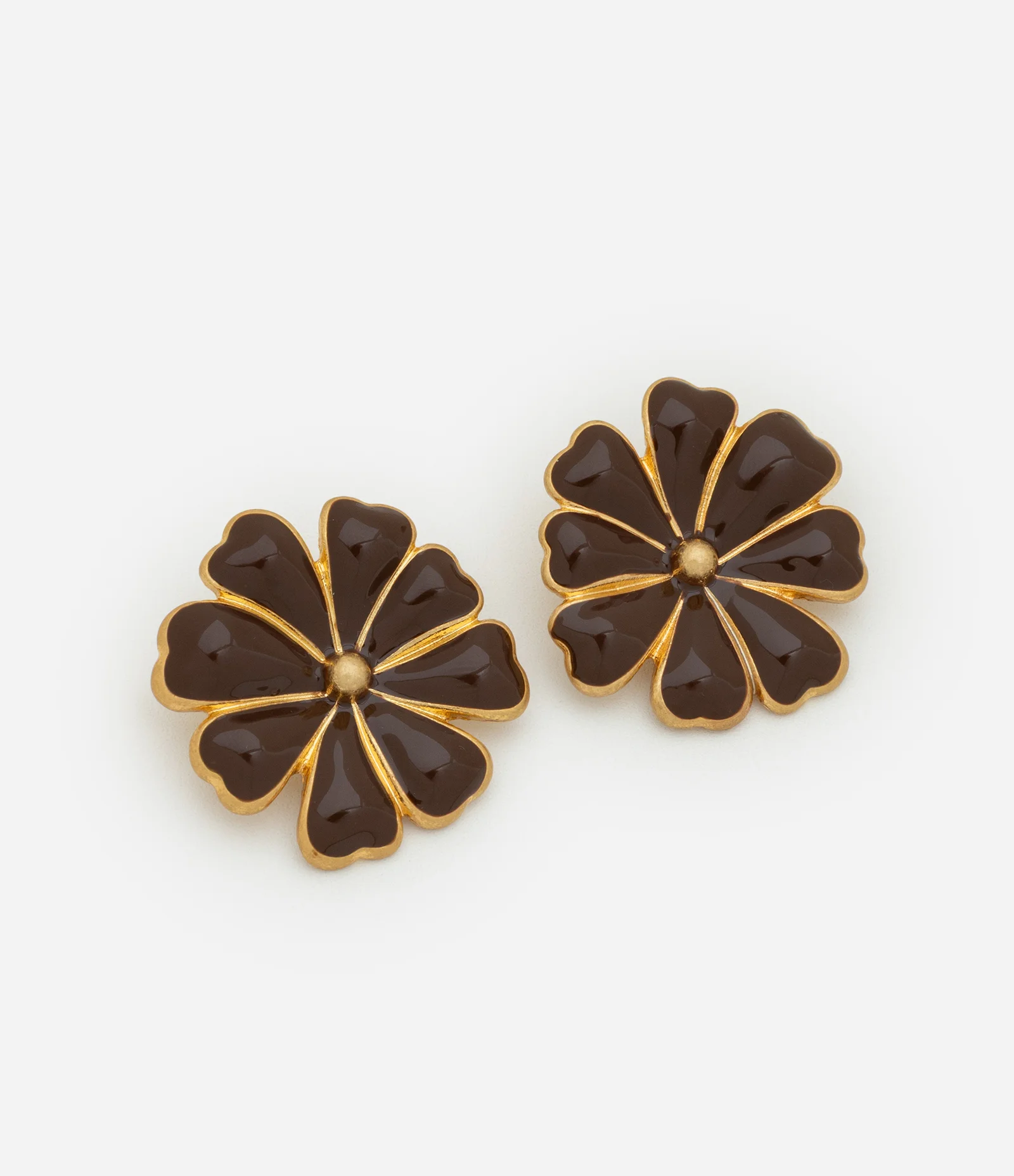 Brinco Botão em Forma de Flor Esmaltado Marrom/Dourado 1