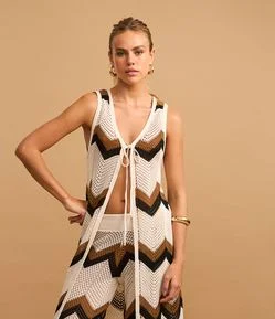 Saída de Praia Kimono Alongado com Efeito Crochê Zig Zag