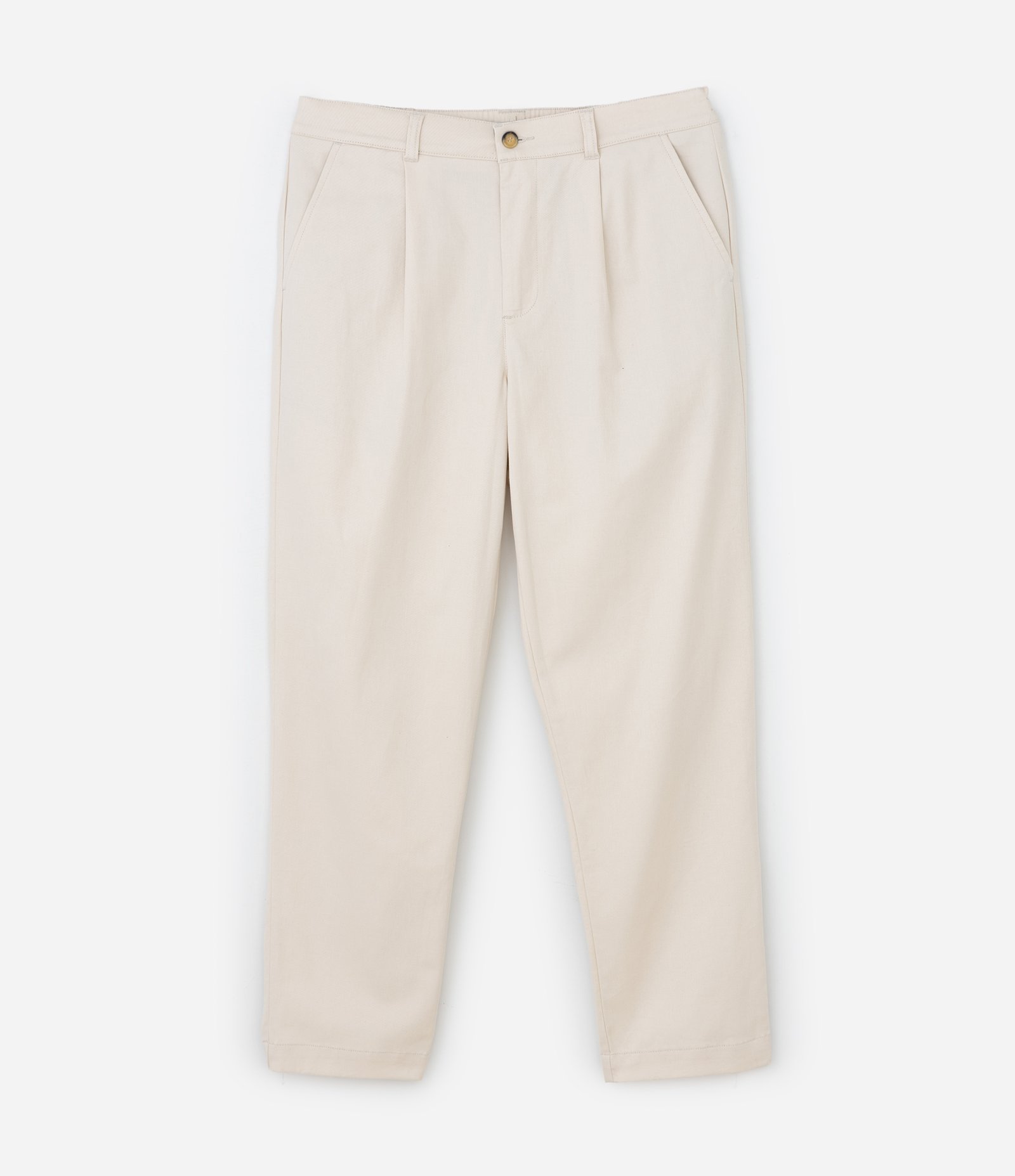 Calça Masculina em Sarja Com Pregas e Cós com Passantes Bege 1