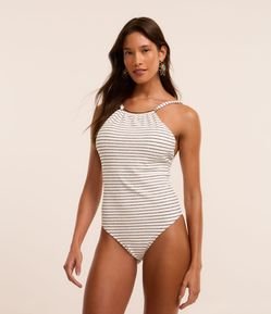 Maiô em Microfibra Canelada com Estampa Listrada e Aviamento Metálico