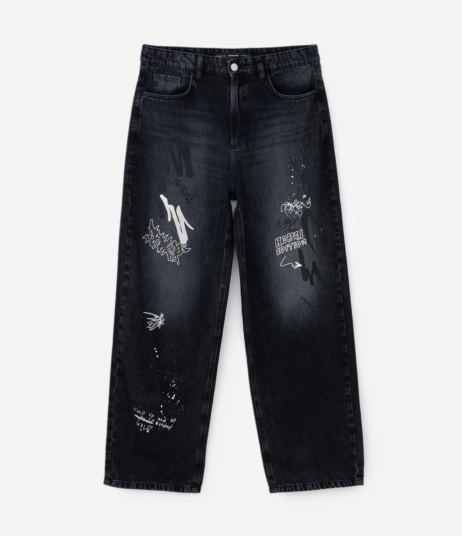 Calça Super Baggy em Jeans com Estampa Grafite Preto 5