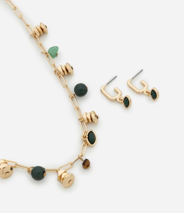 Conjunto de Colar de Corrente com Elos Retangulares e Pingente de Cascalhos com Brinco Argola