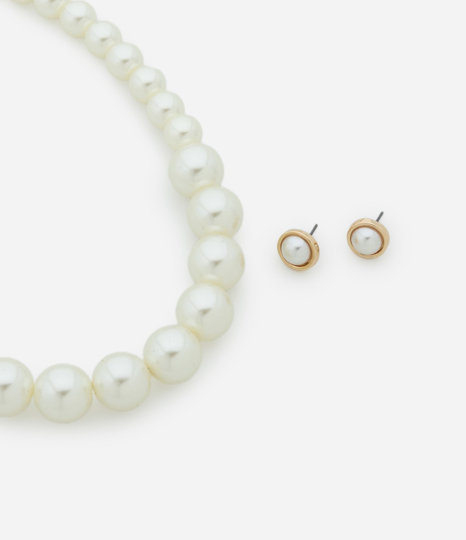 Conjunto de Colar e Brinco Plastico Liso brinco pequeno pérola com caixa de metal e colar curto pérolas gradativas AE_FW25_CJT_0121 Off White 1