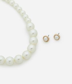Conjunto de Colar e Brinco Plastico Liso brinco pequeno pérola com caixa de metal e colar curto pérolas gradativas AE_FW25_CJT_0121