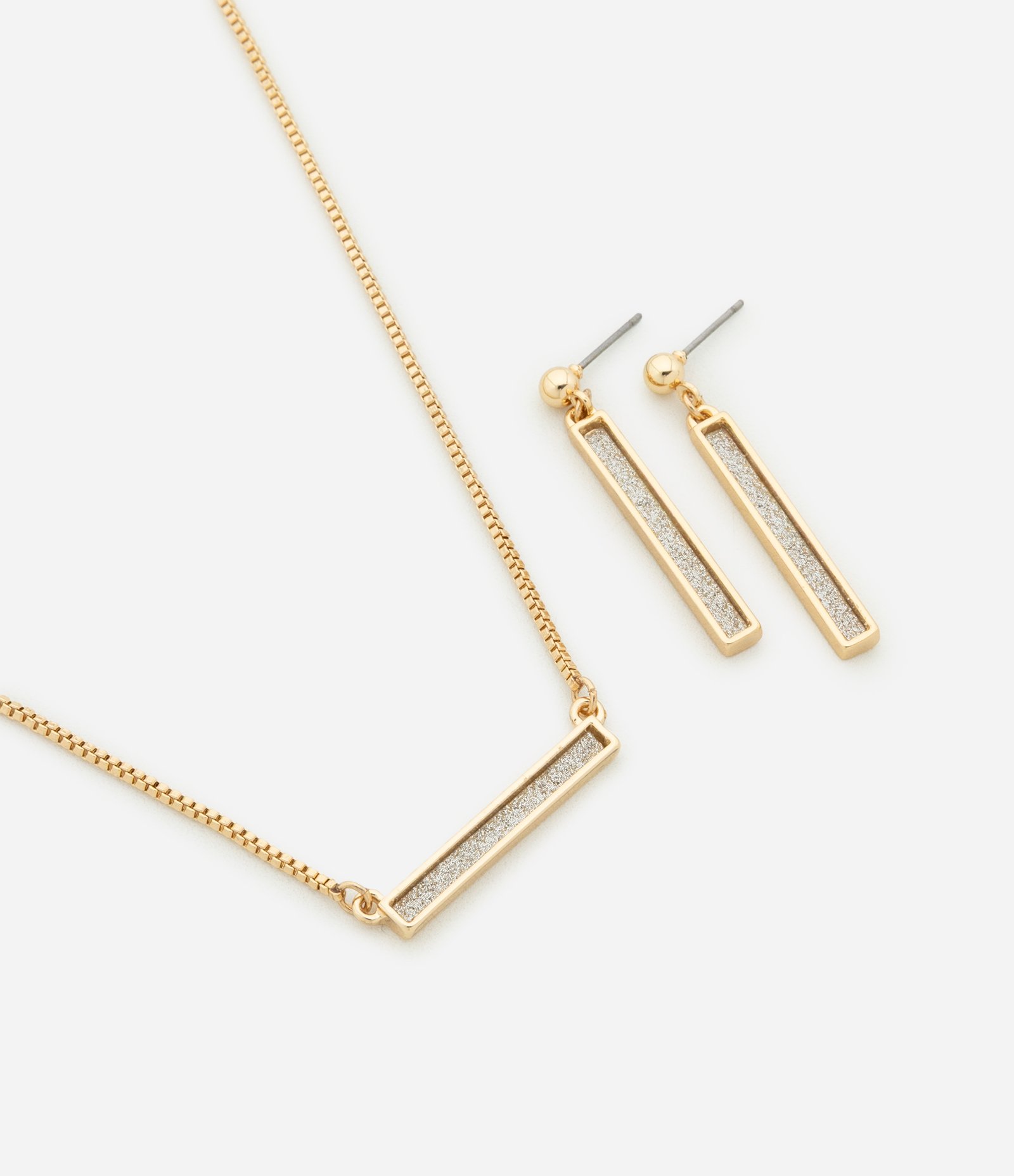 Conjunto de Colar Curto e Brinco com Pingente Retangular Brilhoso Dourado 1
