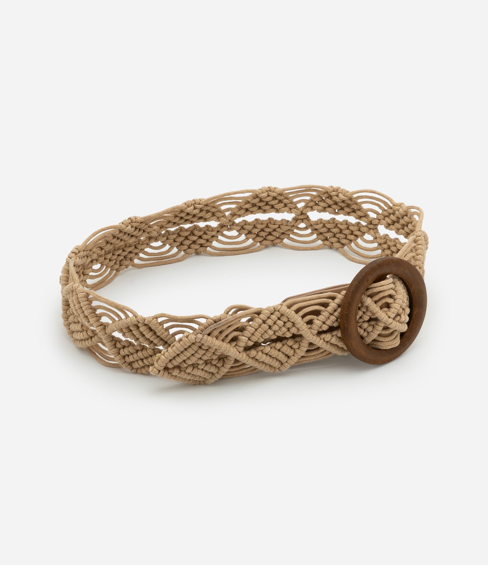 Cinto Largo com Efeito Macrame com Fivela de Madeira Boho Romântico Bege 1