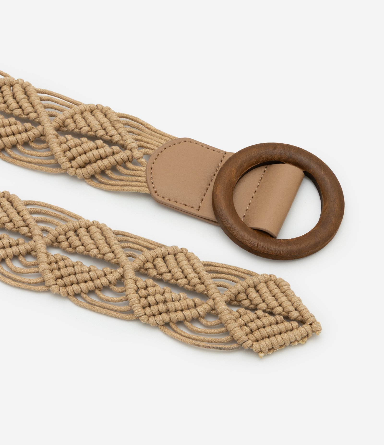 Cinto Largo com Efeito Macrame com Fivela de Madeira Boho Romântico Bege 2