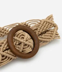 Cinto Largo com Efeito Macrame com Fivela de Madeira Boho Romântico