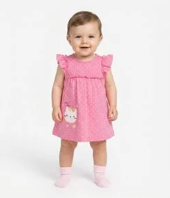 Vestido Body com Estampa Poá e Bordado Ursinha - Tam 0 a 18 Meses